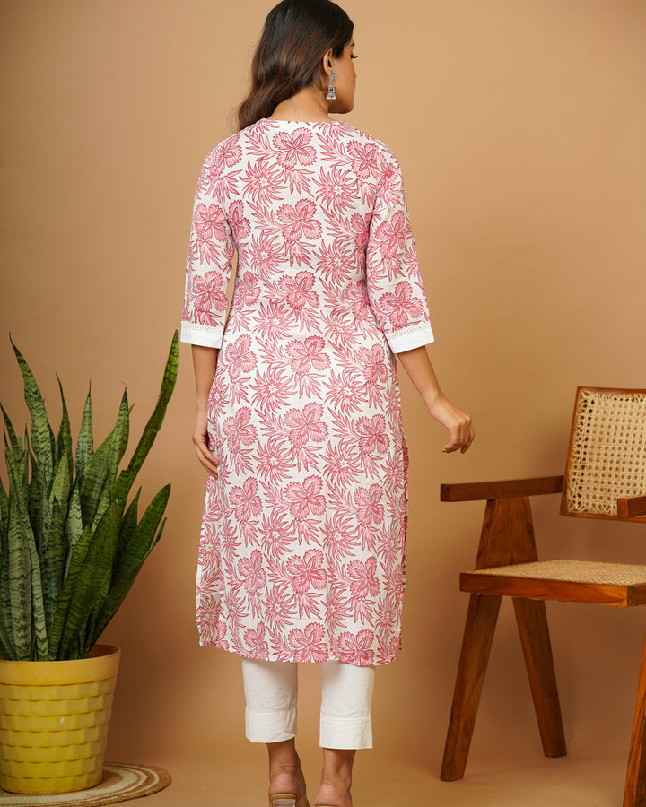 Pink Vneck Straight Kurti