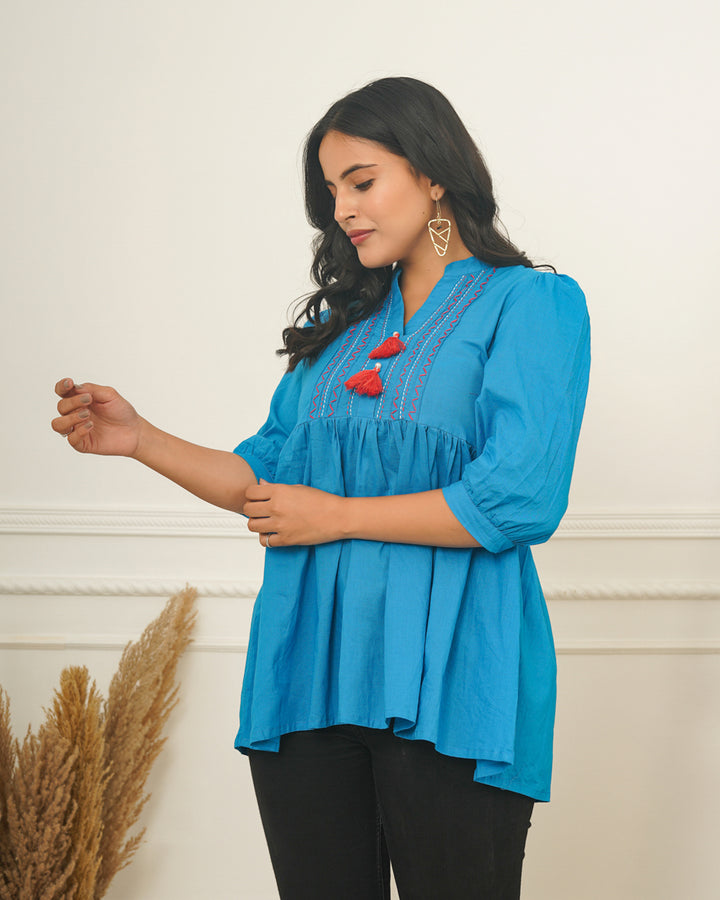 Azure Blue Handstitch Detail Top