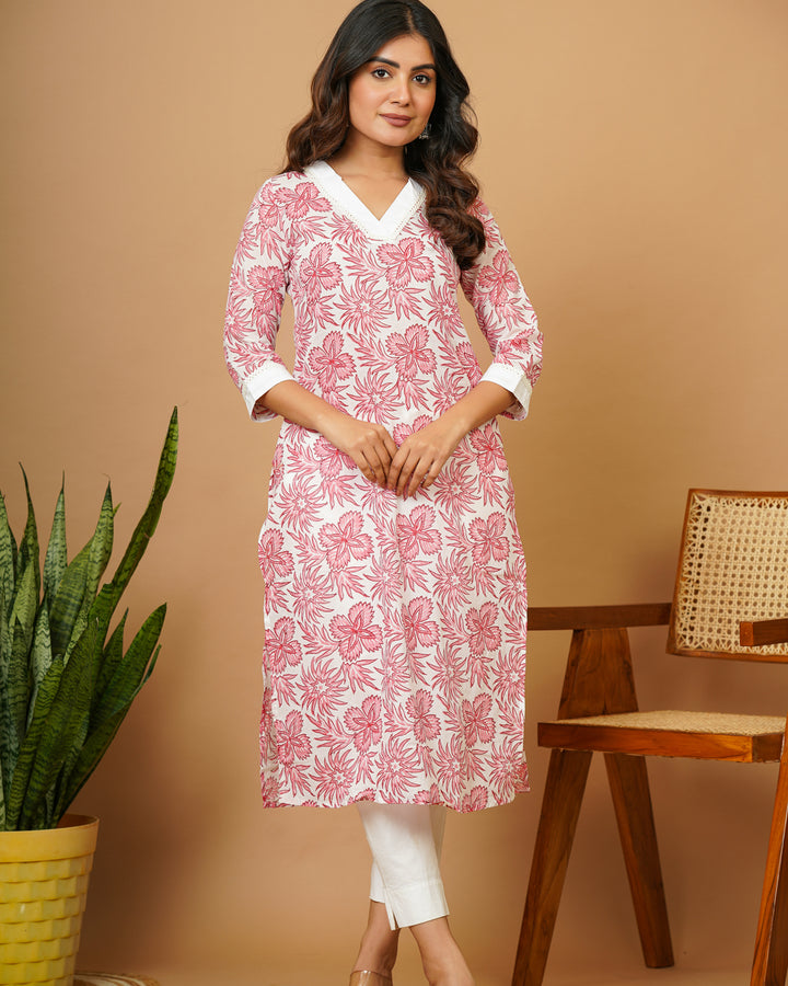 Pink Vneck Straight Kurti