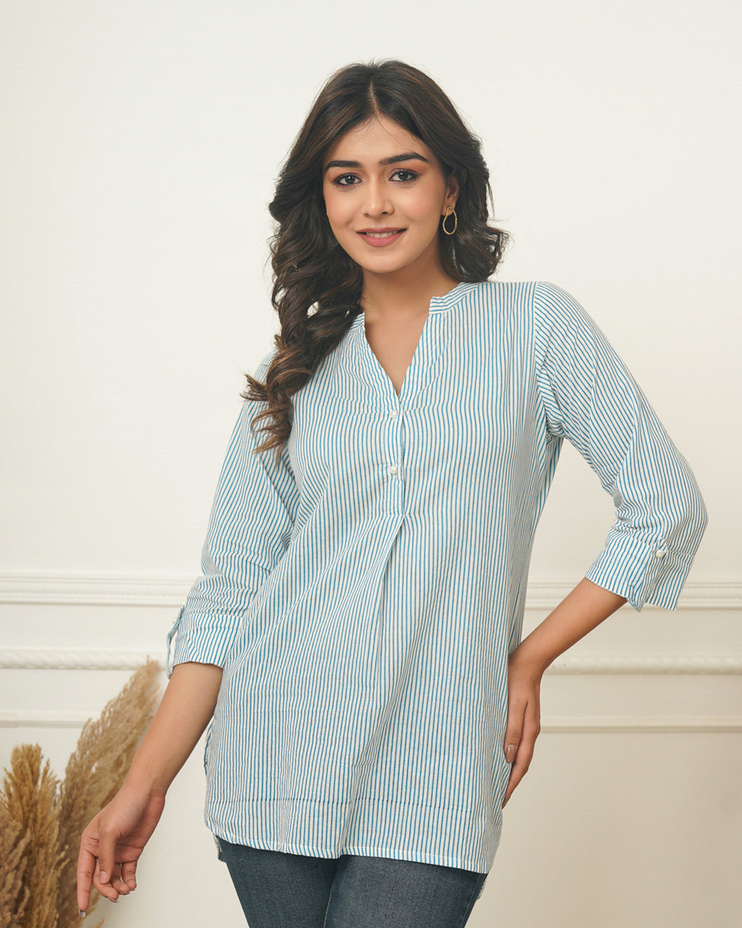 Sky Blue Stripes Short Kurta