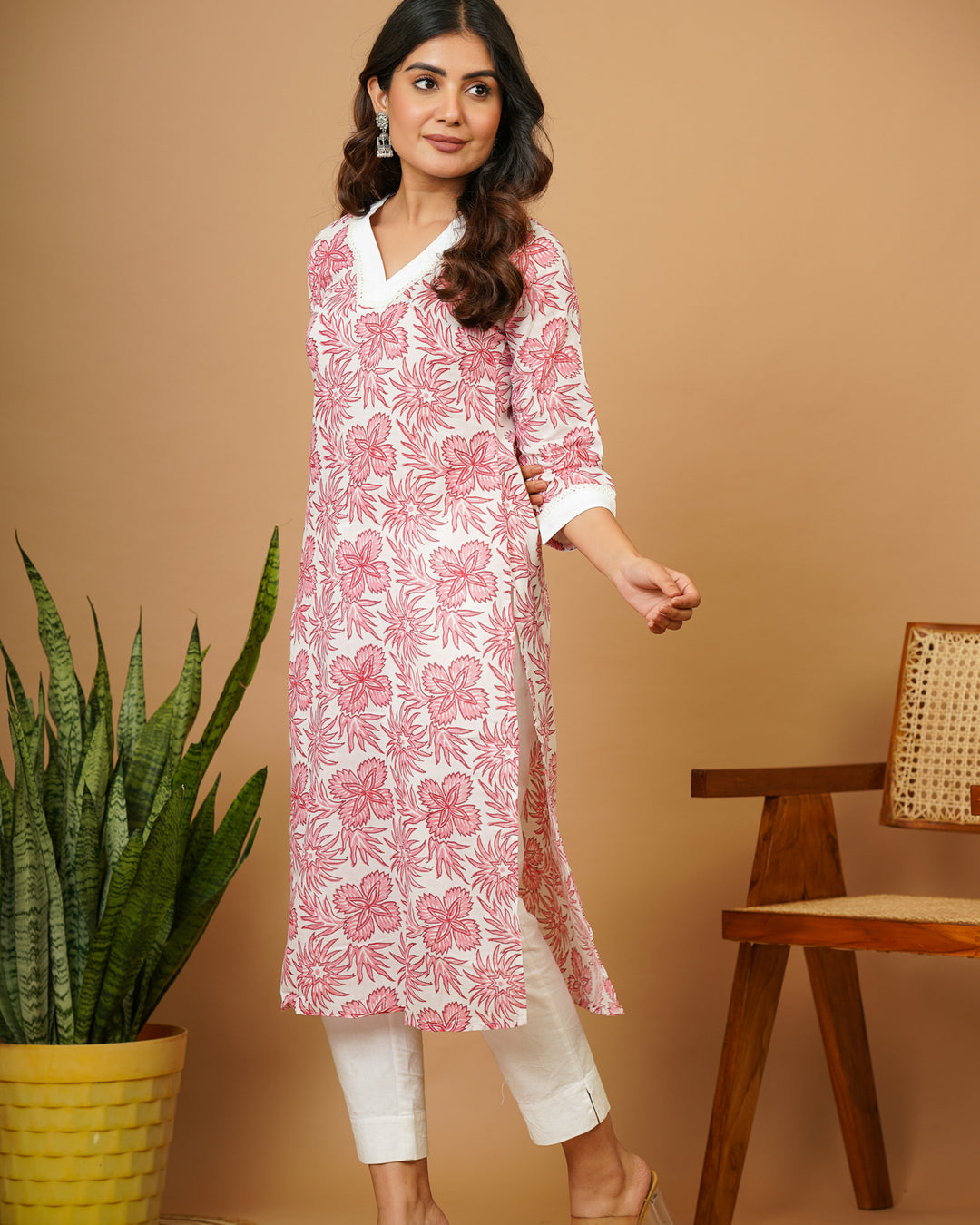 Pink Vneck Straight Kurti