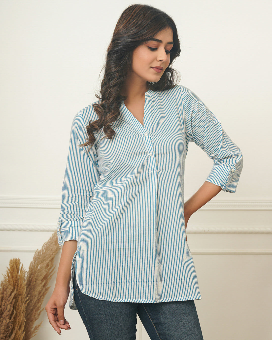 Sky Blue Stripes Short Kurta