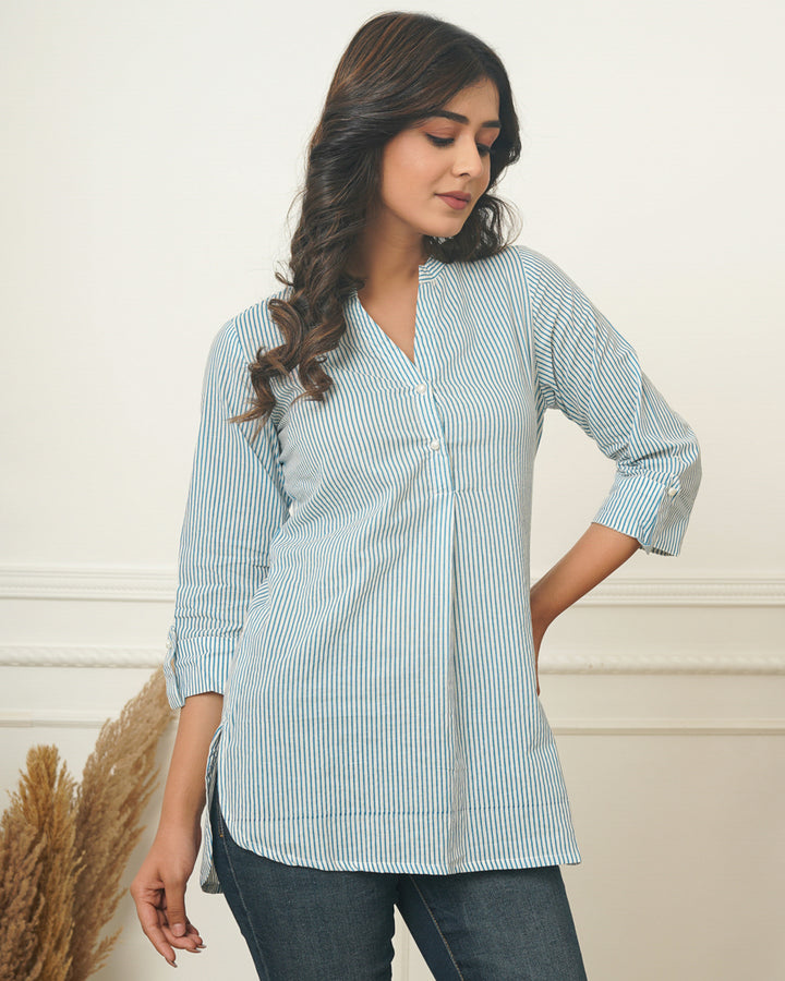 Sky Blue Stripes Short Kurta