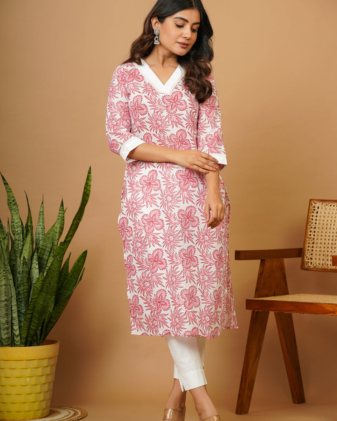 Pink Vneck Straight Kurti