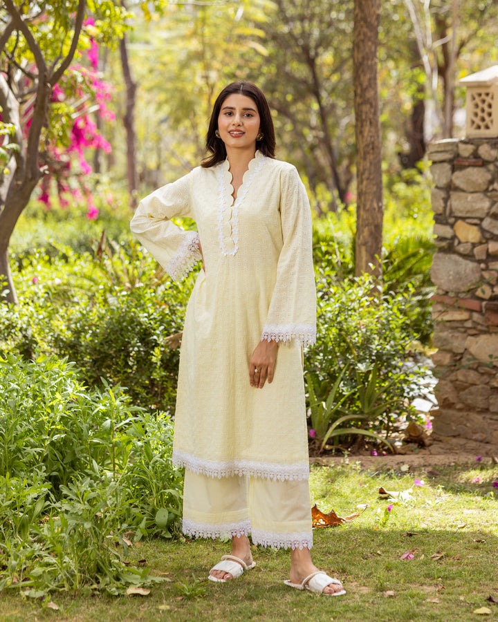 Yellow Schiffli Kurta Set