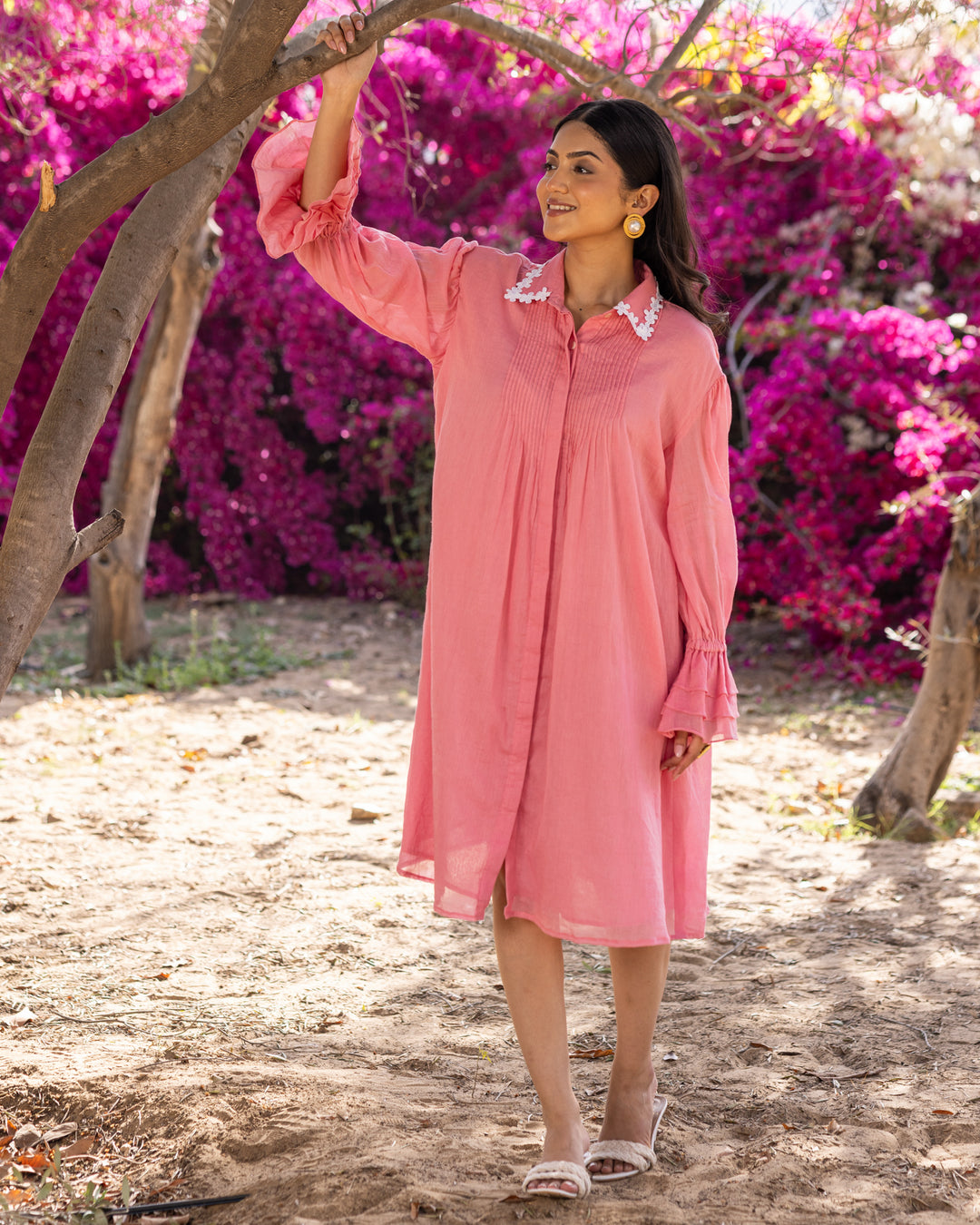 Pink Pintuck & Lace Shirt Dress