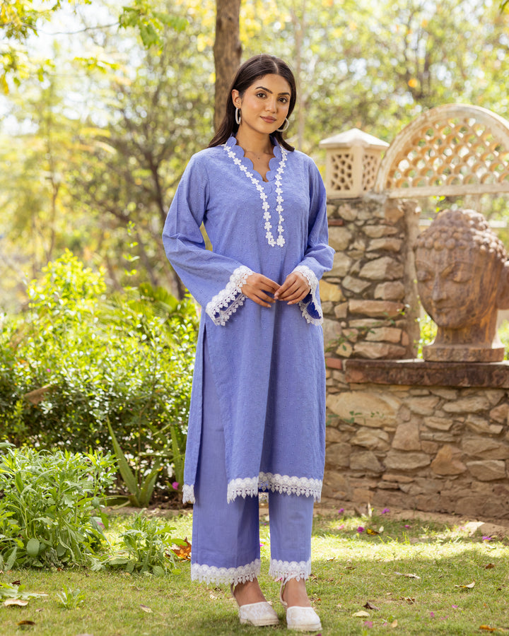 Blue Schiffli Kurta Set