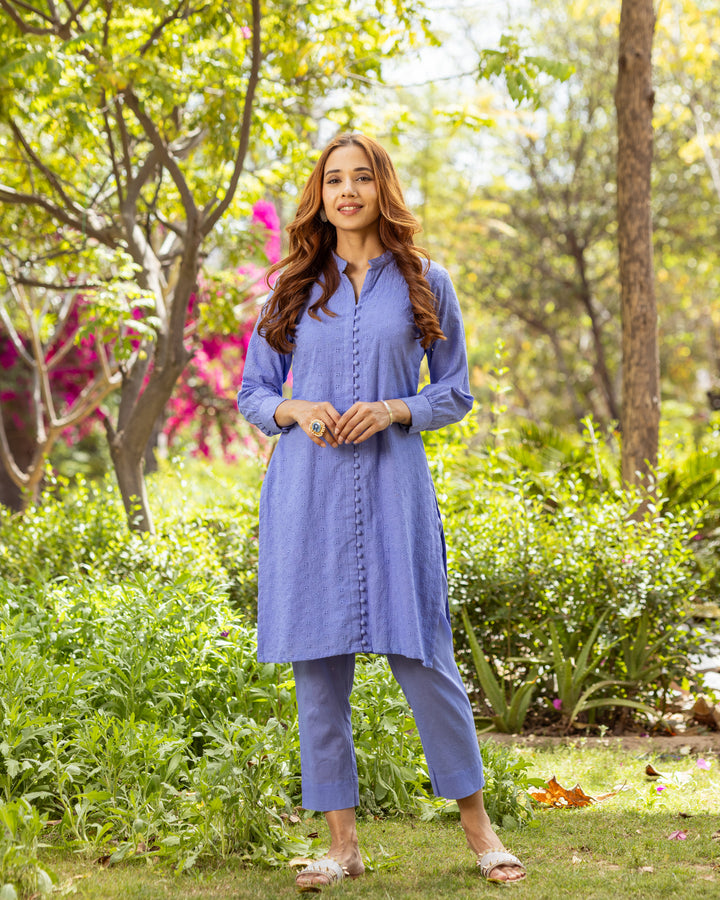 Solid Blue Schiffli Kurta Set