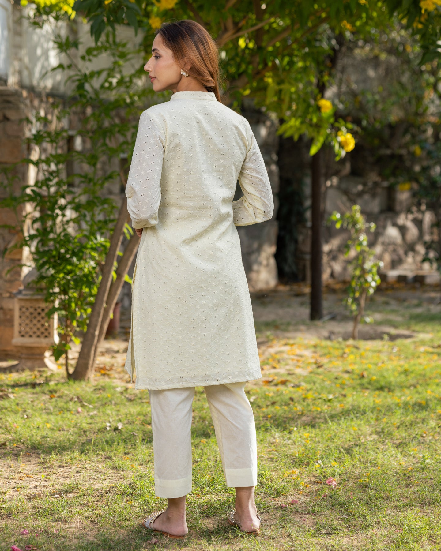 Solid Yellow Schiffli Kurta Set