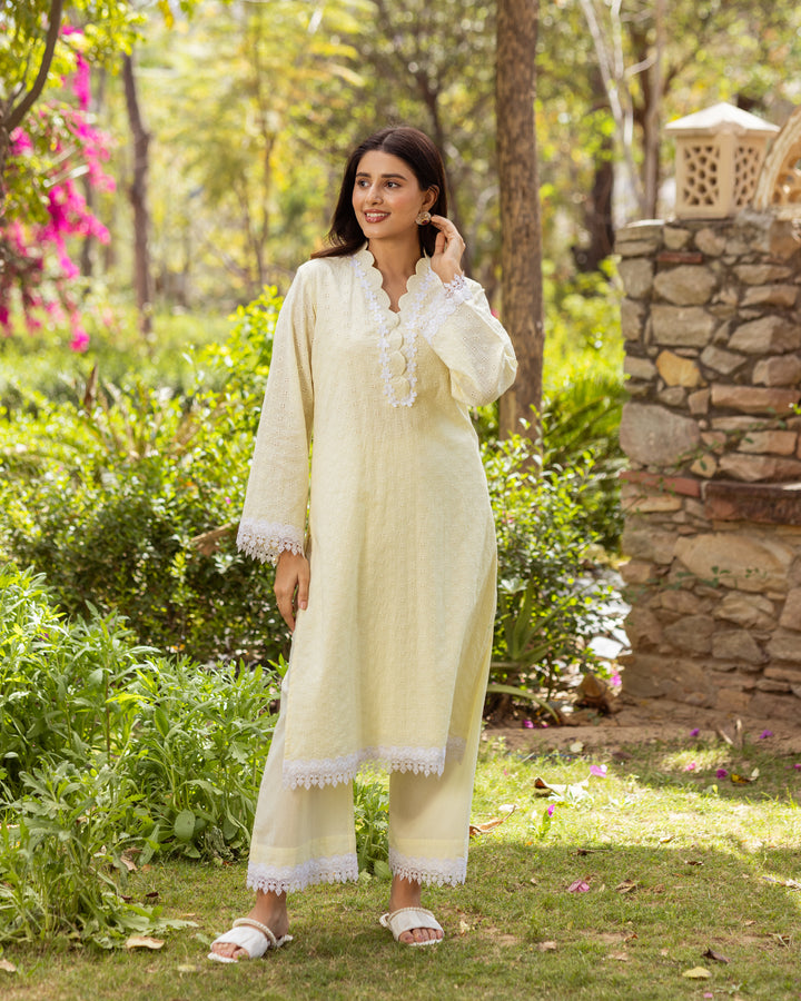 Yellow Schiffli Kurta Set