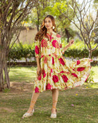 White Aquarelle Floral Tiered Dress