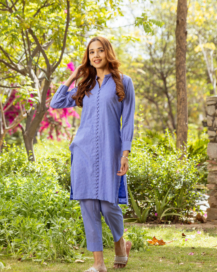 Solid Blue Schiffli Kurta Set