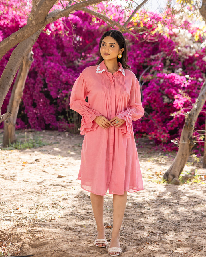 Pink Pintuck & Lace Shirt Dress