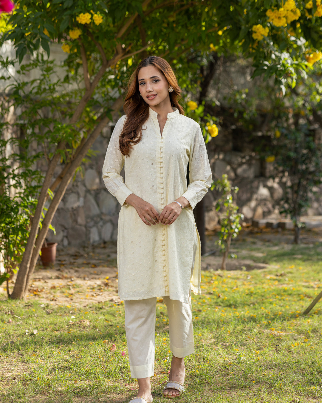 Solid Yellow Schiffli Kurta Set