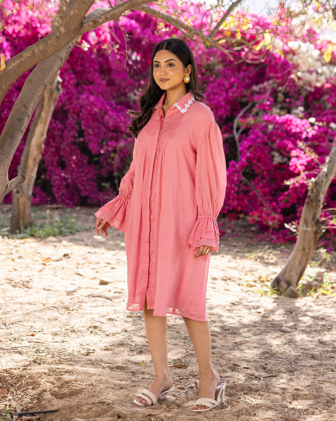 Pink Pintuck & Lace Shirt Dress