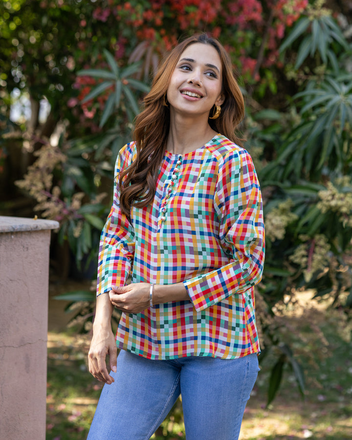 White Multi-hued Check Top