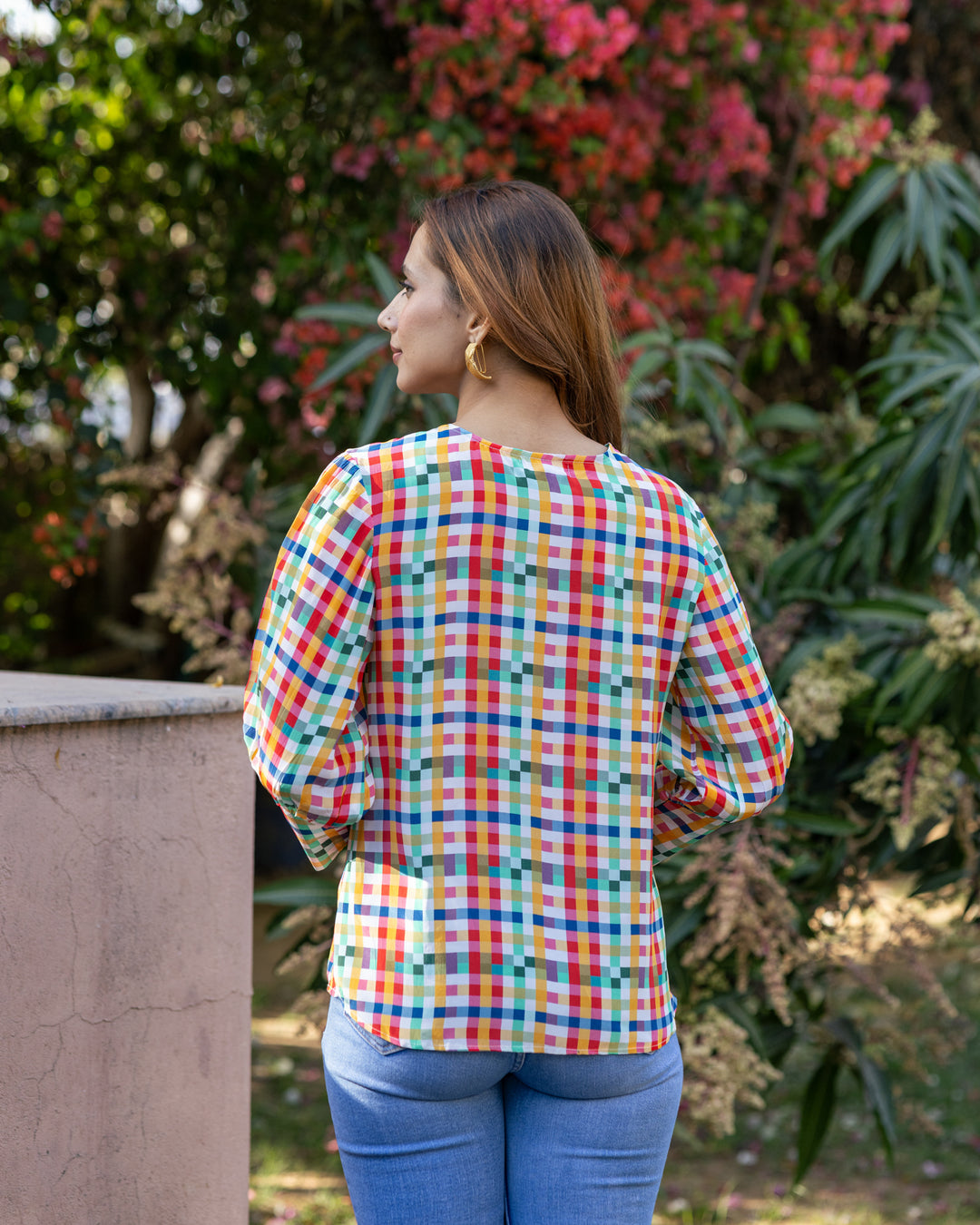 White Multi-hued Check Top