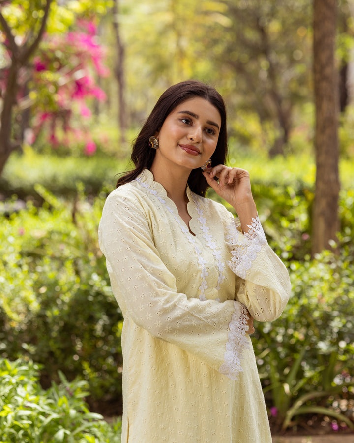 Yellow Schiffli Kurta Set