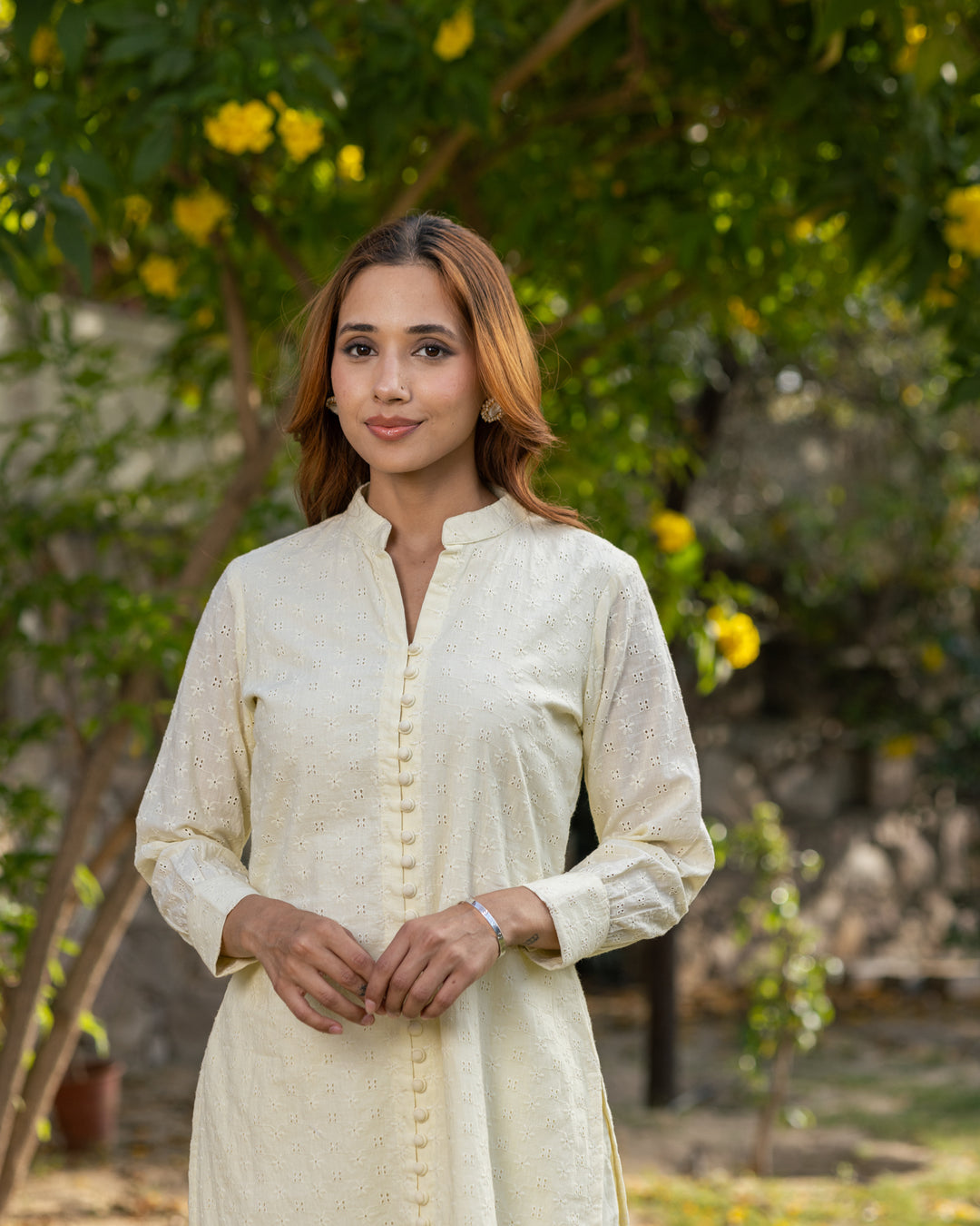 Solid Yellow Schiffli Kurta Set