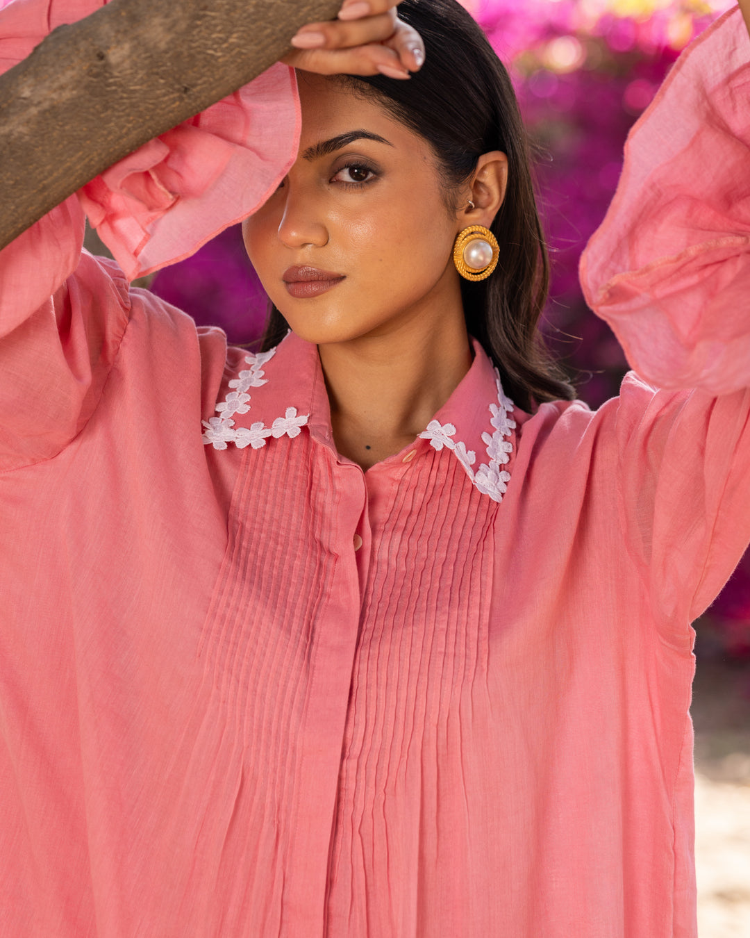 Pink Pintuck & Lace Shirt Dress