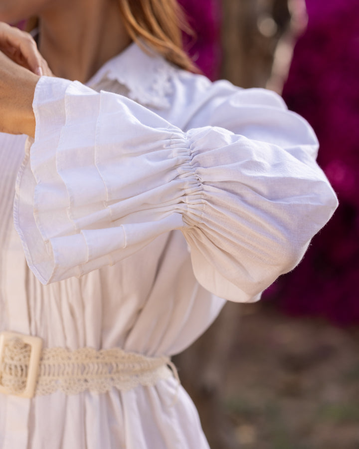 White Pintuck & Lace Shirt Dress