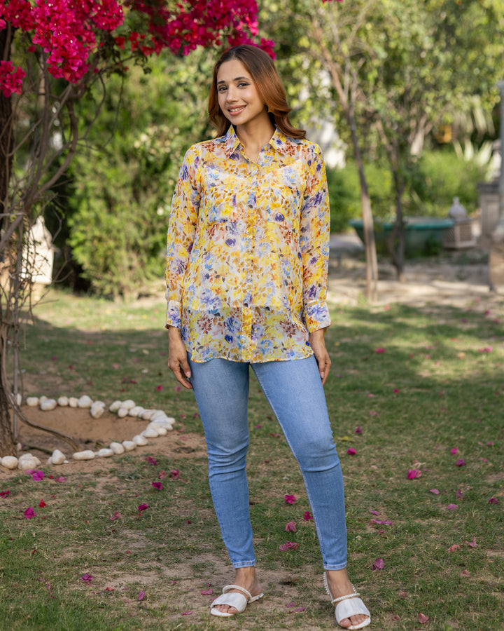 Yellow Floral Organza Shirt