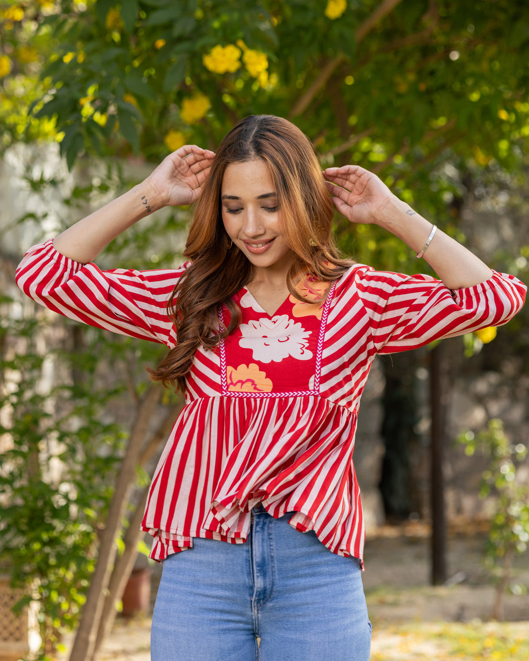 Red Striped & Floral Peplum Top