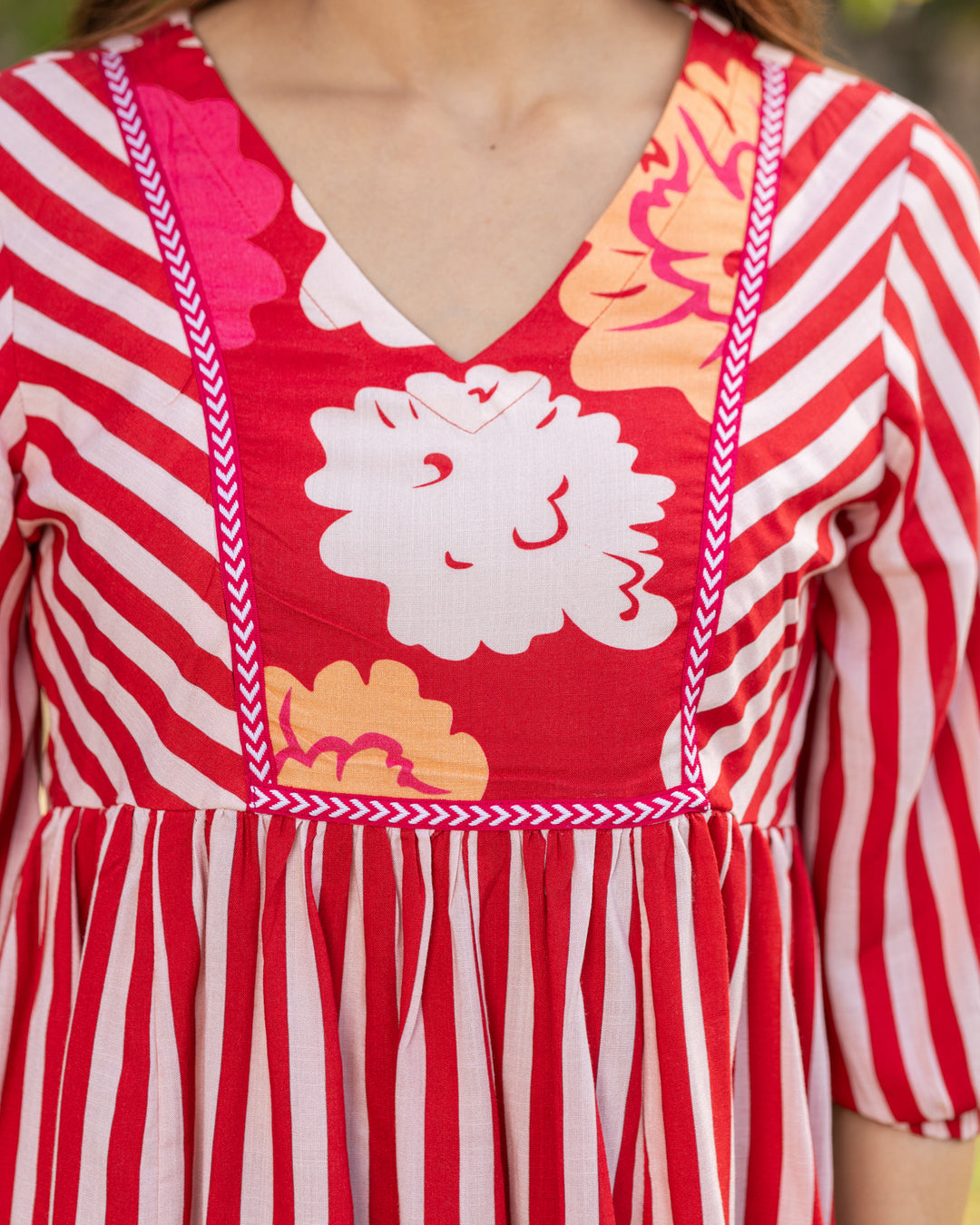 Red Striped & Floral Peplum Top