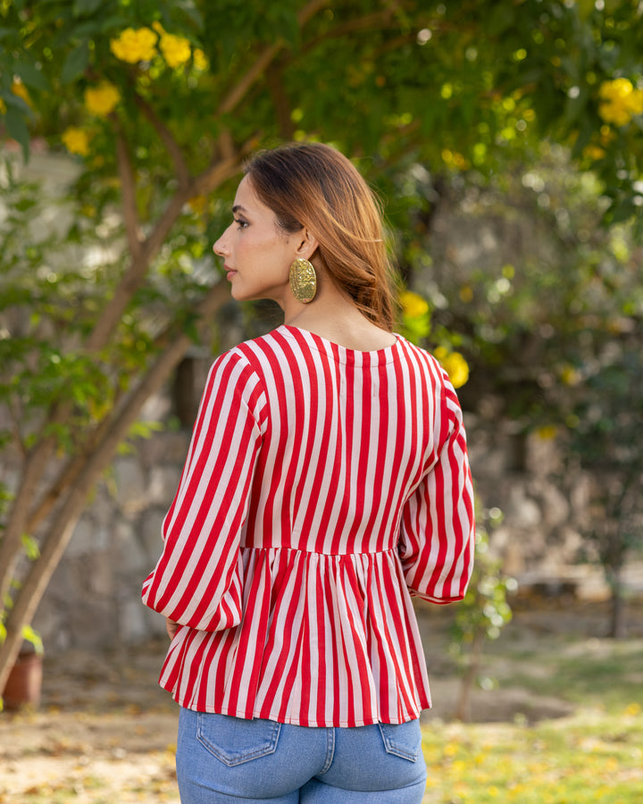 Red Striped & Floral Peplum Top