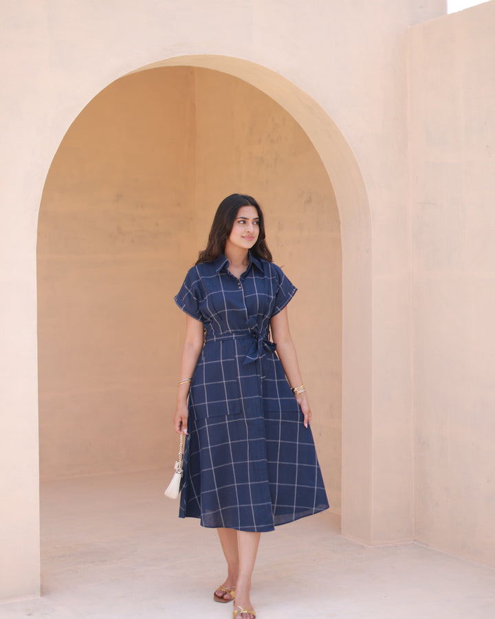 Navy Clean Check Shirt Dress