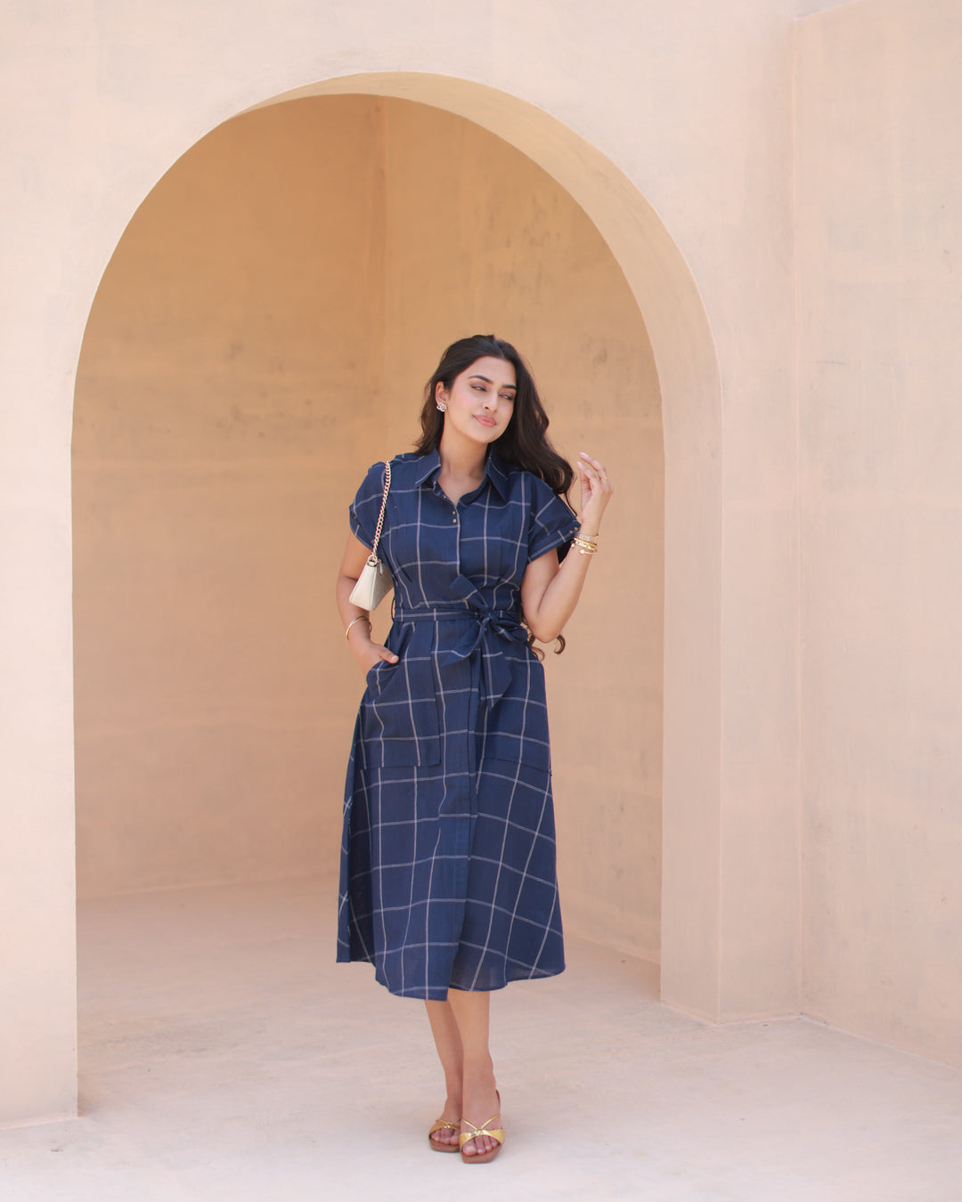 Navy Clean Check Shirt Dress