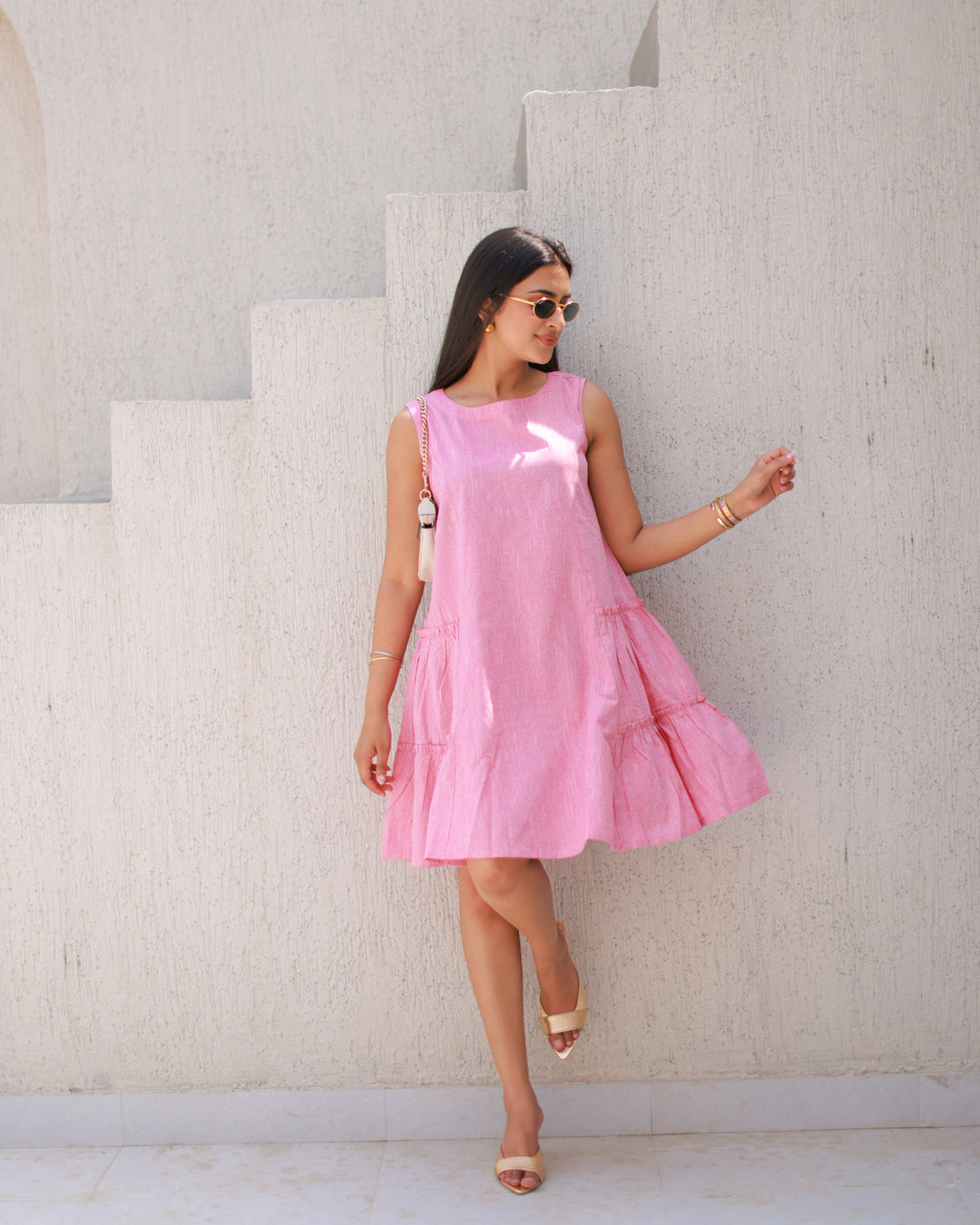 Rose Pink Solid Tiered Dress