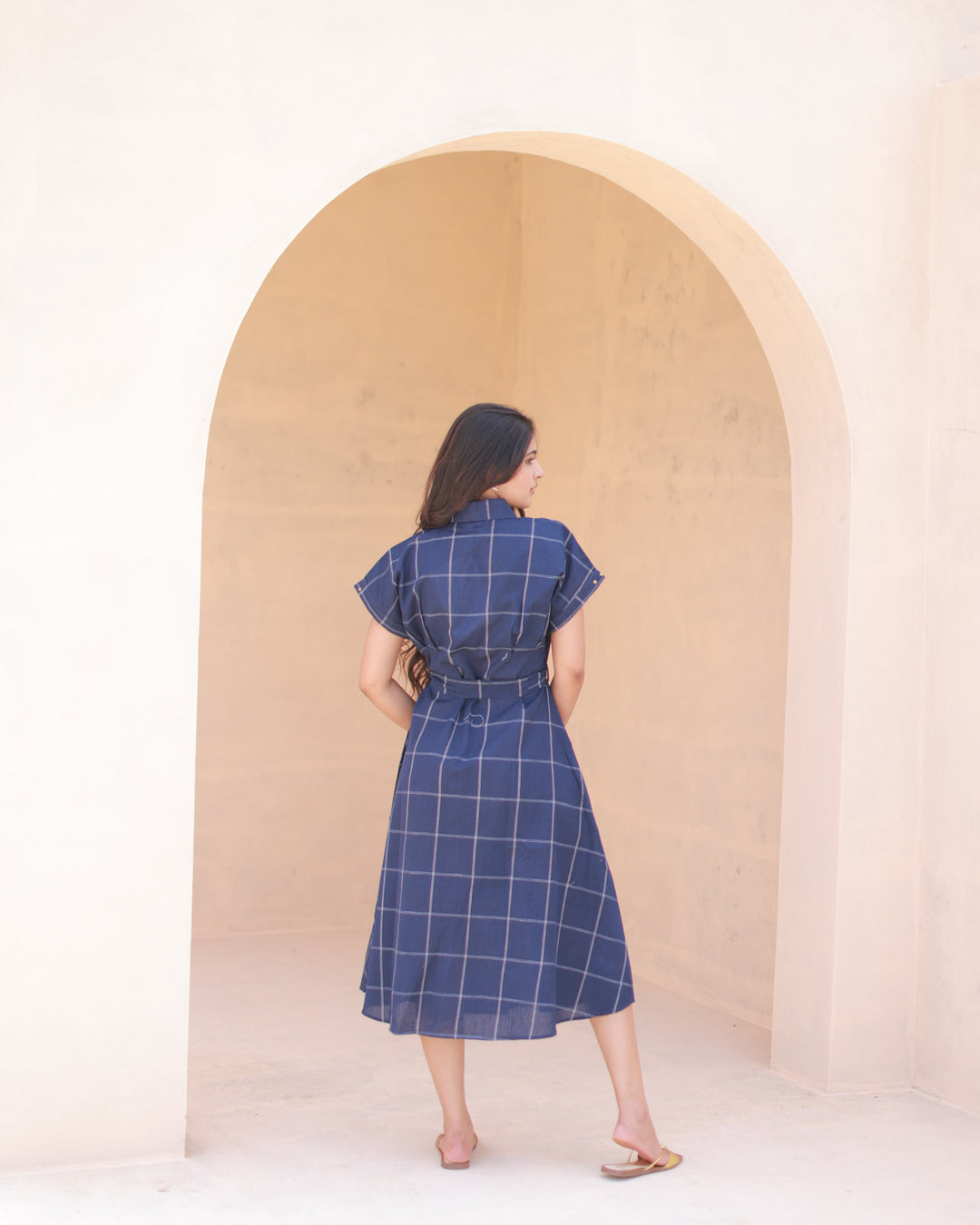 Navy Clean Check Shirt Dress