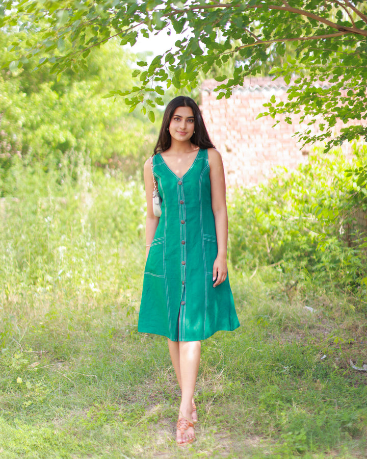 Green Pure Linen Dress