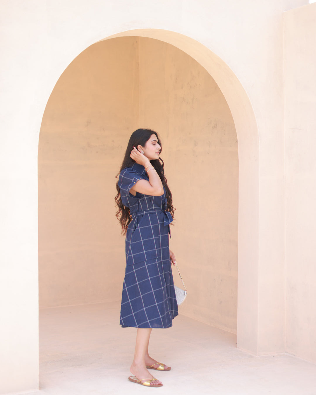 Navy Clean Check Shirt Dress