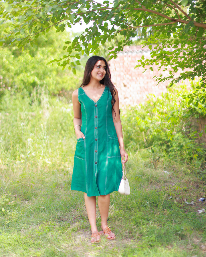 Green Pure Linen Dress