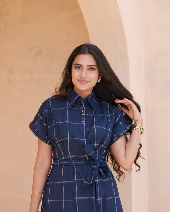 Navy Clean Check Shirt Dress