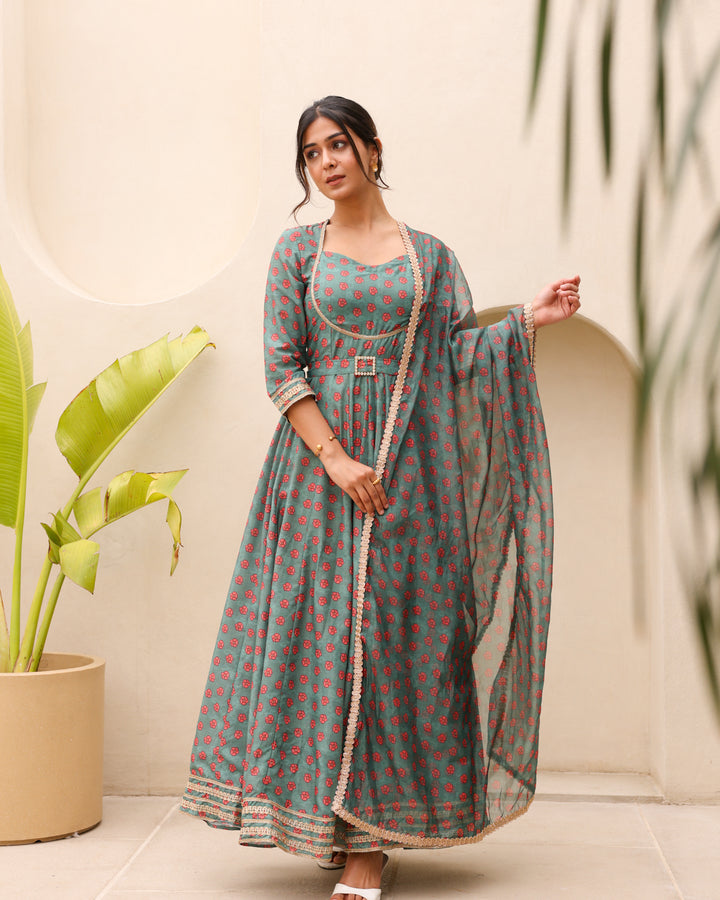 Green Floral Kalidaar Suit Set