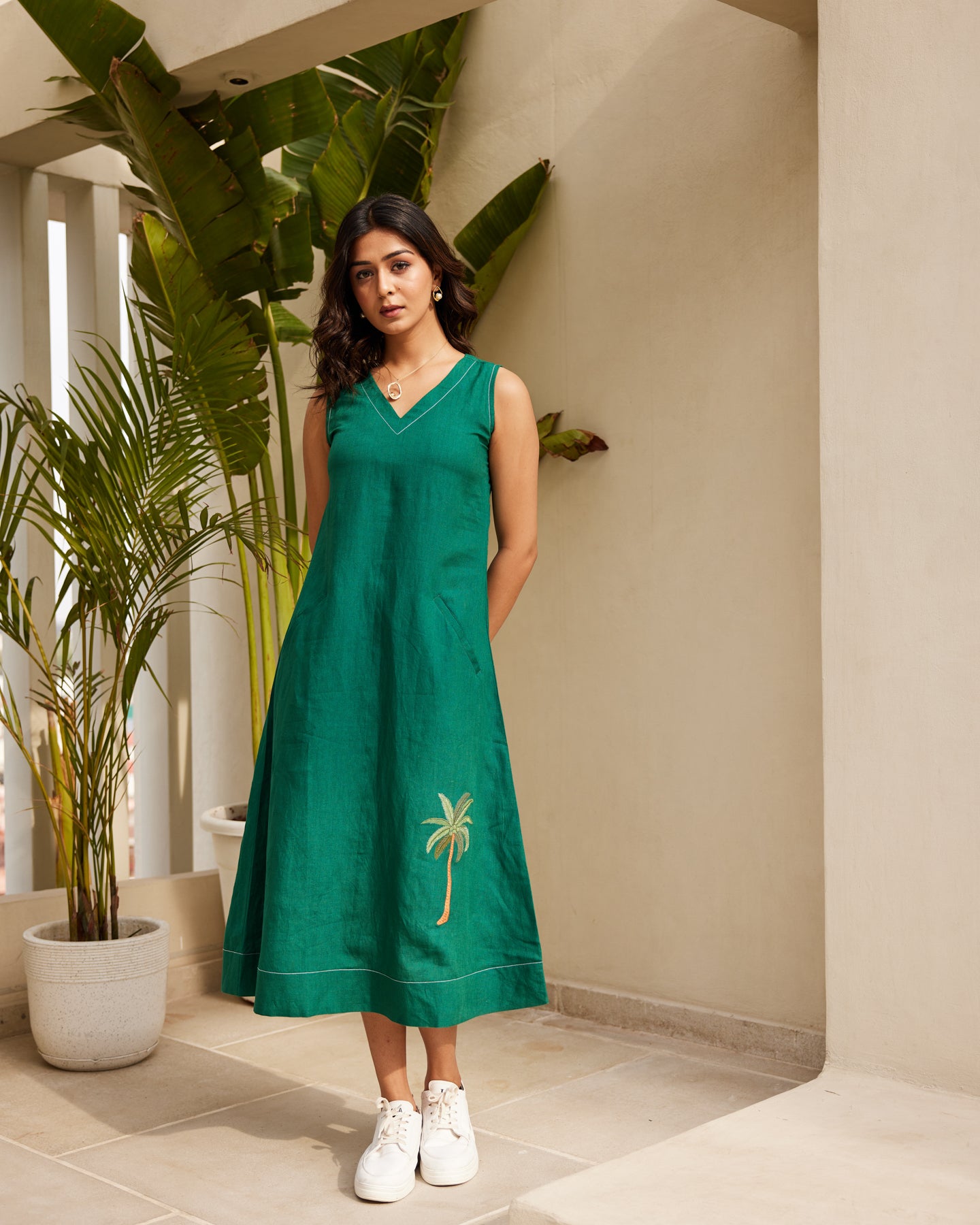 Buy Solid Green Pure Linen Dress Online in India – Ambraee