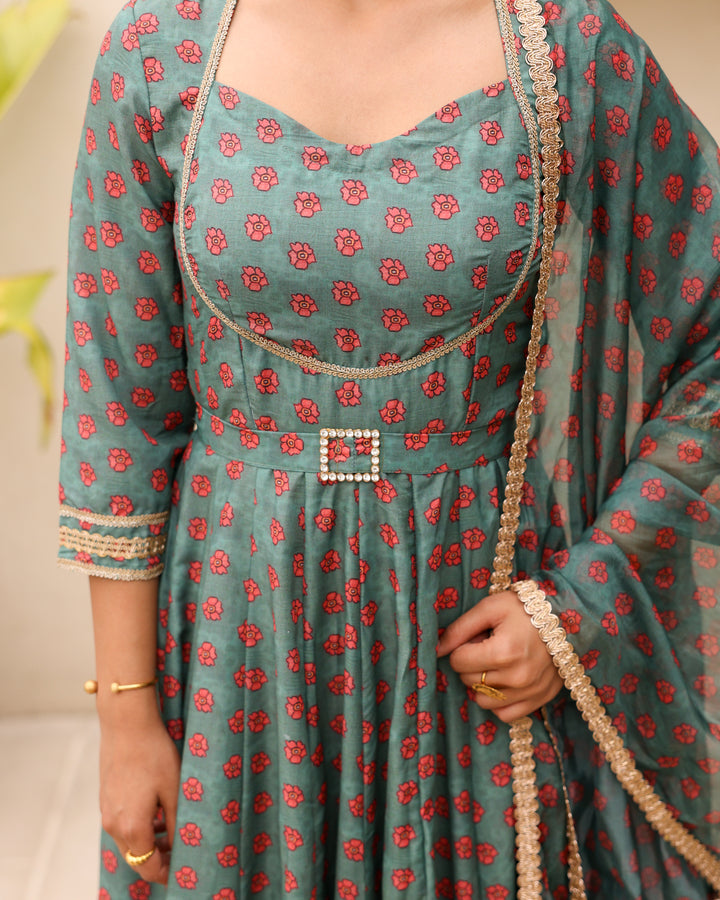 Green Floral Kalidaar Suit Set