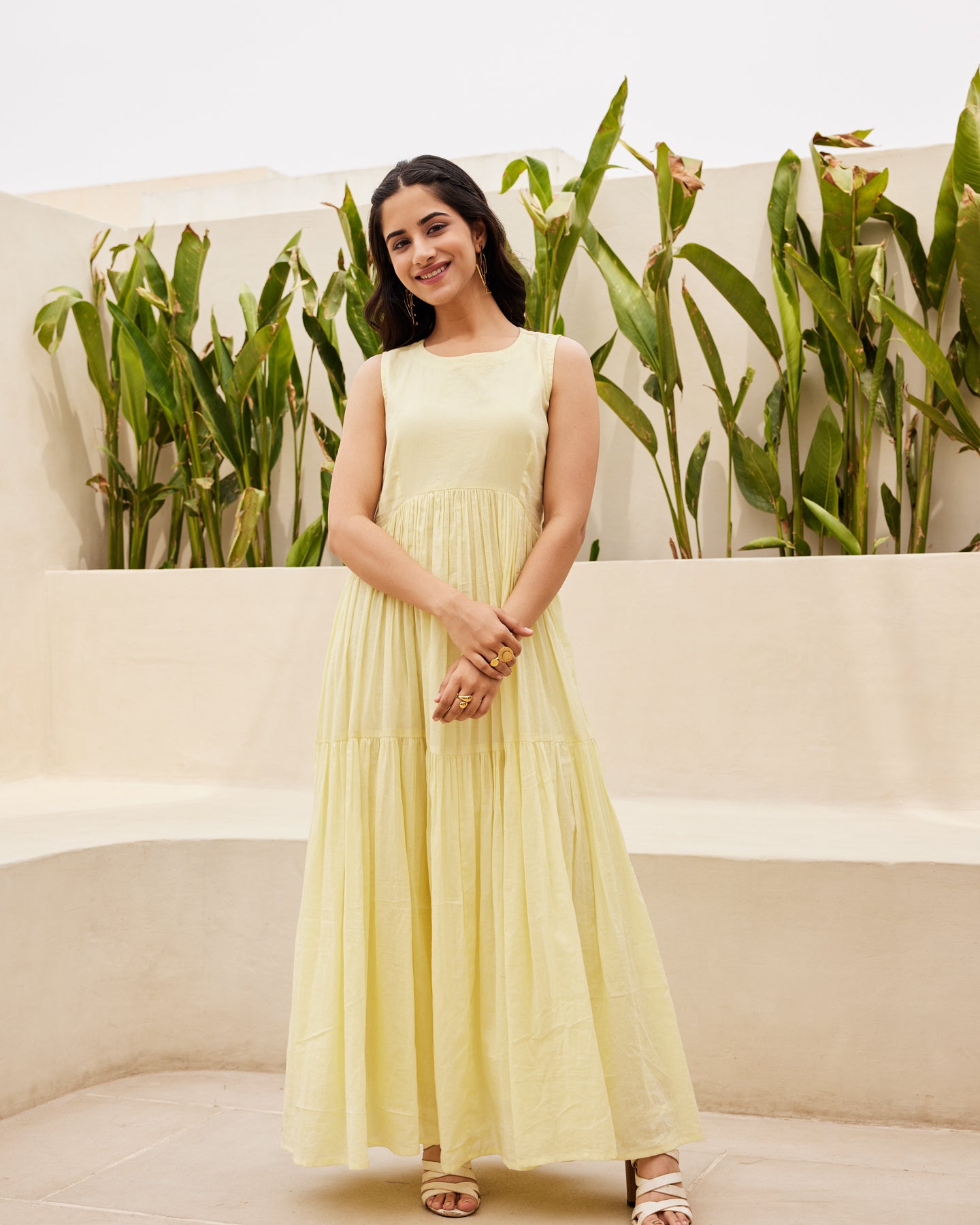 fitted lace wedding dress Rhema Yellow Tiered Maxi Dress with Lace Trim