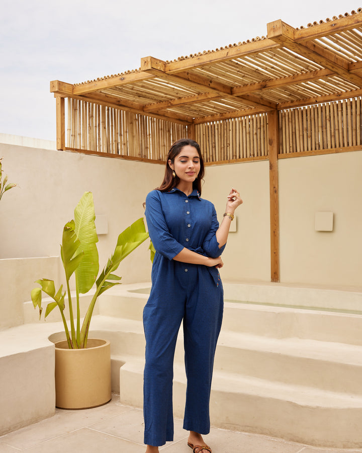 Navy Blue Embroidered Jumpsuit