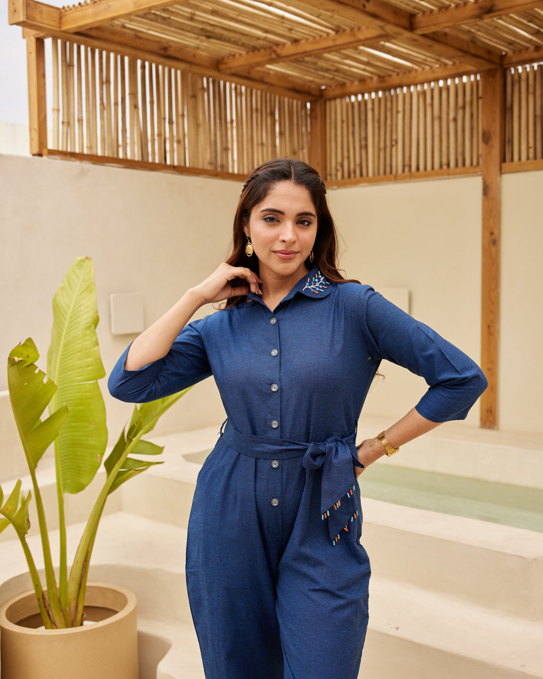 Navy Blue Embroidered Jumpsuit