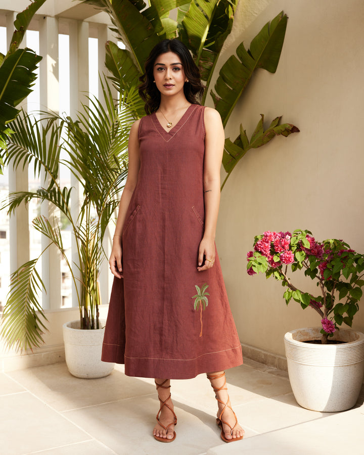 Brown Pure Linen Dress