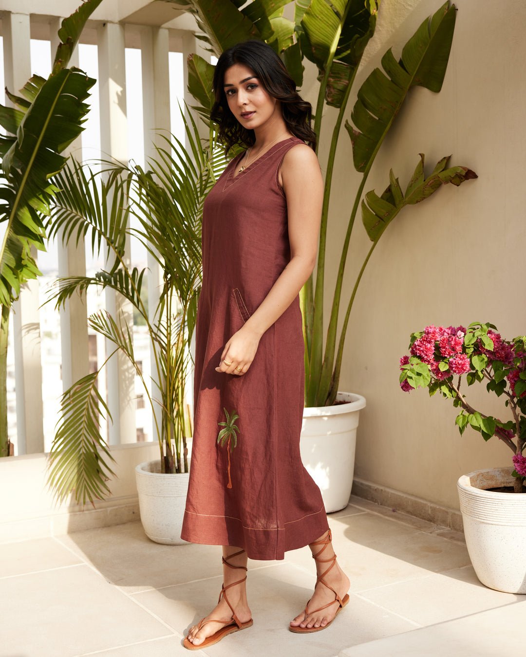 Brown Pure Linen Dress