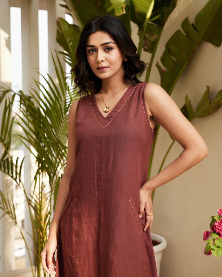 Brown Pure Linen Dress