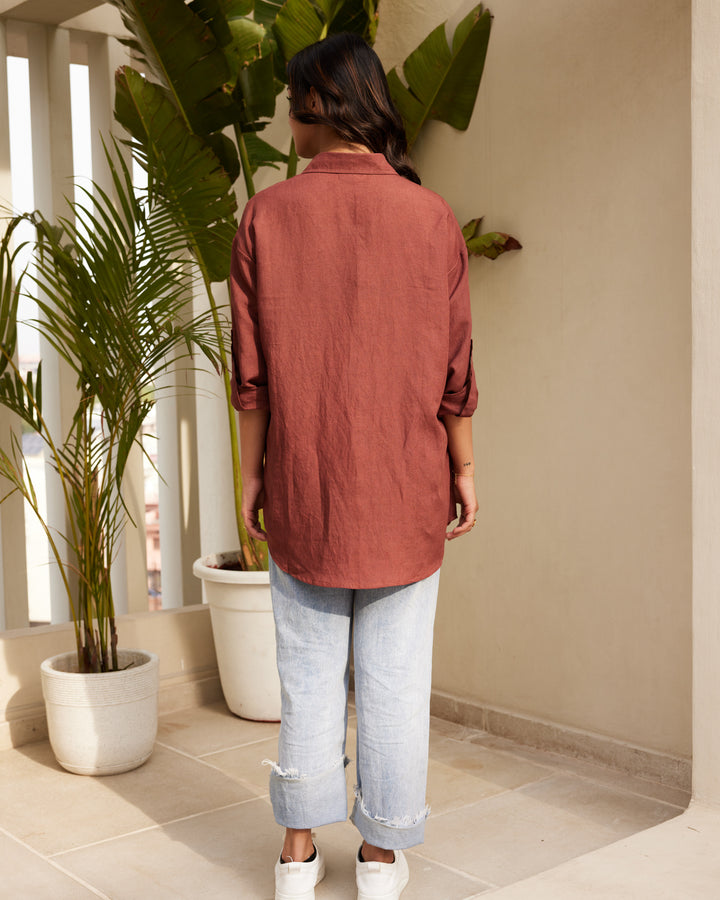 Brown Embroidered Pure Linen Shirt