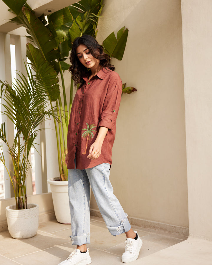 Brown Embroidered Pure Linen Shirt