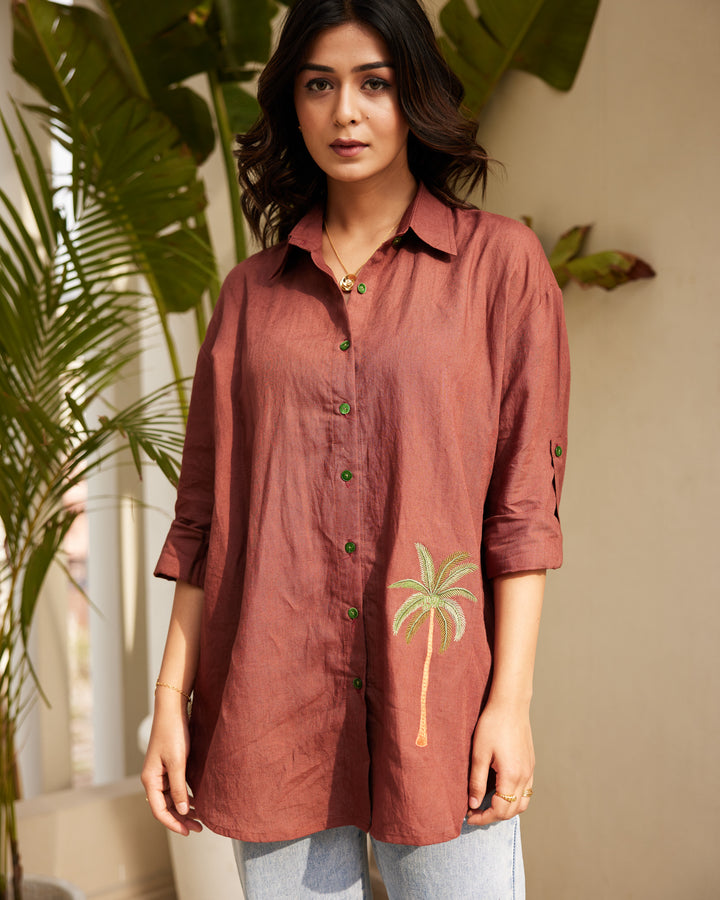 Brown Embroidered Pure Linen Shirt