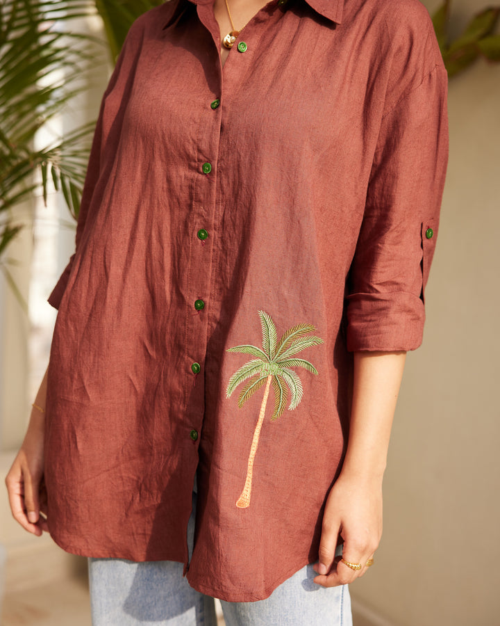 Brown Embroidered Pure Linen Shirt